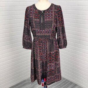 Loft Dress Women Medium Black Pink Peasant Diamond‎ Floral Boho Lagenlook NWT